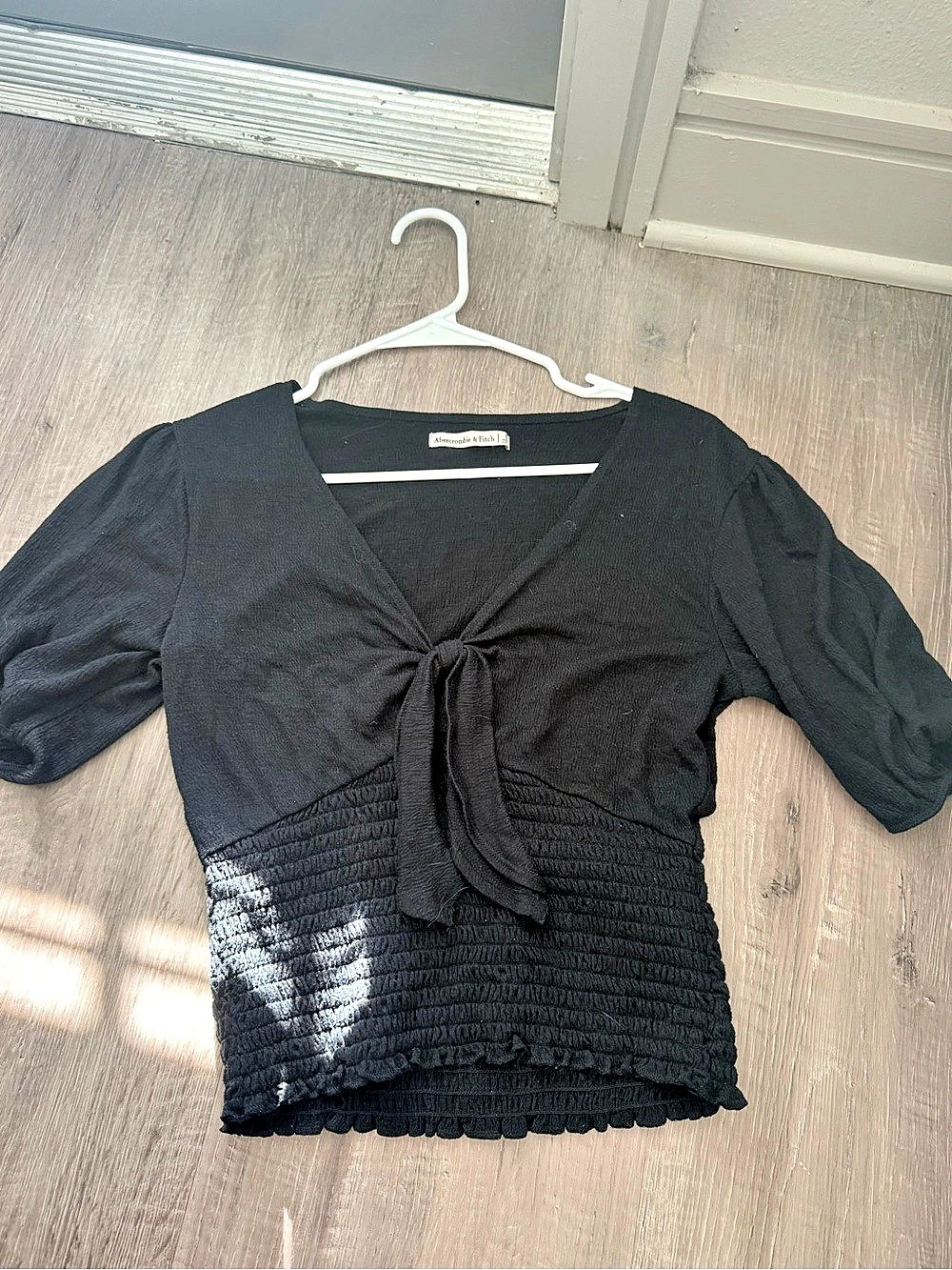 Abercrombie & Fitch Smocked Tie-Front Top Black Blouse Size Small